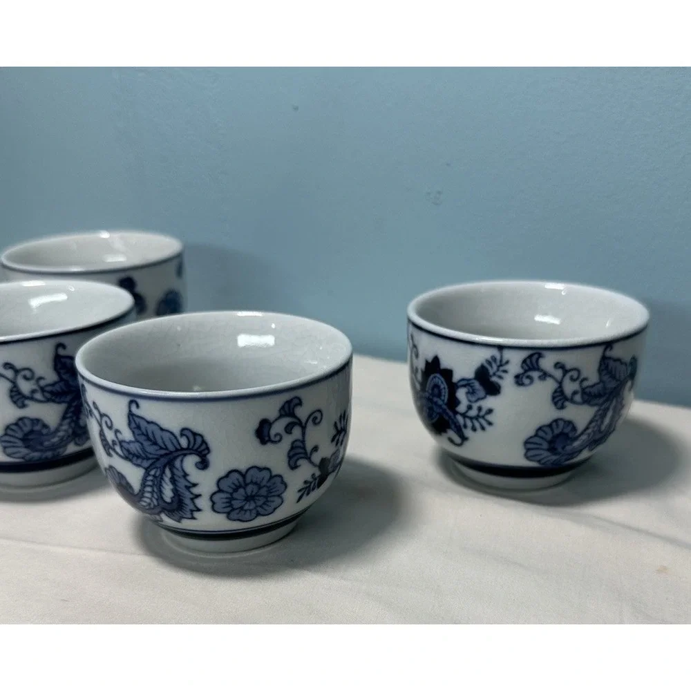 Pier 1 One Porcelain Chinese Tea Cups Cobalt Blue White Paisley Floral 4 pc Set